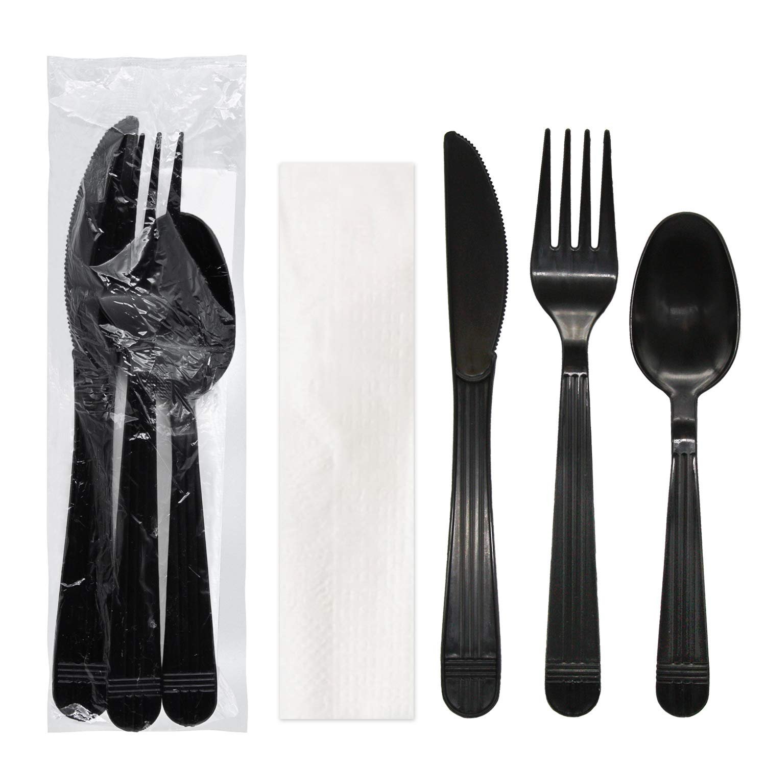 100 Kit couvert jetables en plastique Noir ( cuillère-fourchette couteau+serviette )